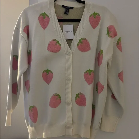 Forever 21 White Cardigan with Pink Strawberry Pattern - Picture 1 of 2